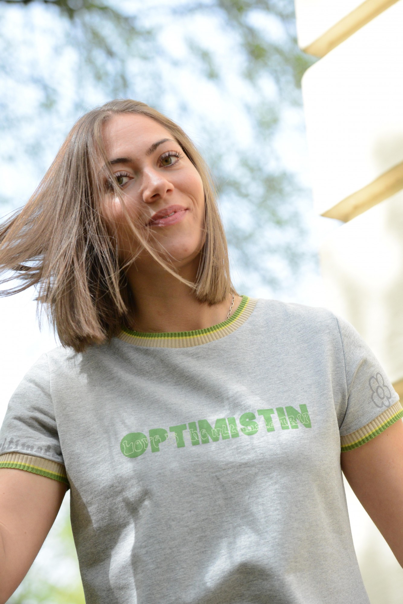 Ringer Shirt Optimistin – grau melange